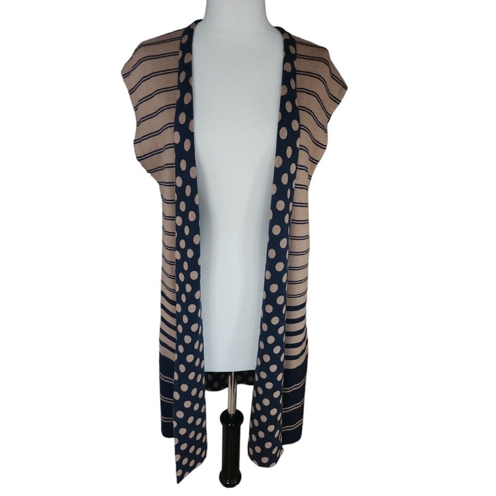 Chico's Longline Preppy Coastal Sweater Vest Size 1 (M) Navy And Tan Reversible